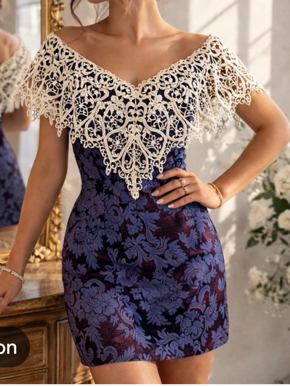 Gunne Sax Navy and Cream Lace-Trim Off-Shoulder vintage‎ dress 2/4